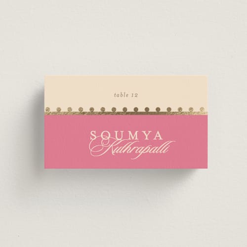 This is a carnation wedding place cards with foil pressed by Creo Study called mandapam printing on signature in placecard