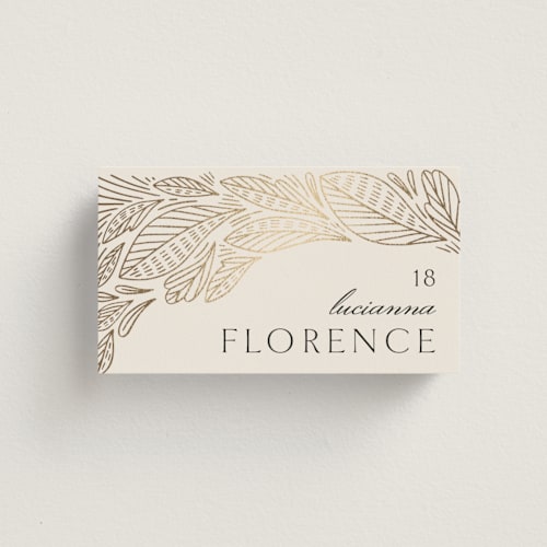 This is a cream wedding place cards with foil pressed by Jen Owens called royalty printing on signature in placecard
