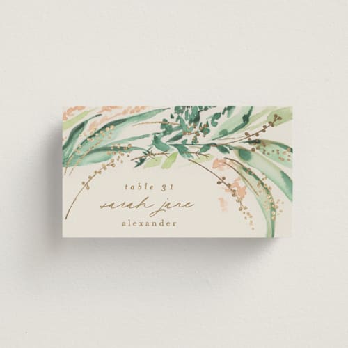 This is a greenery wedding place cards with foil pressed by Phrosné Barwood called fresh tropical printing on signature in placecard