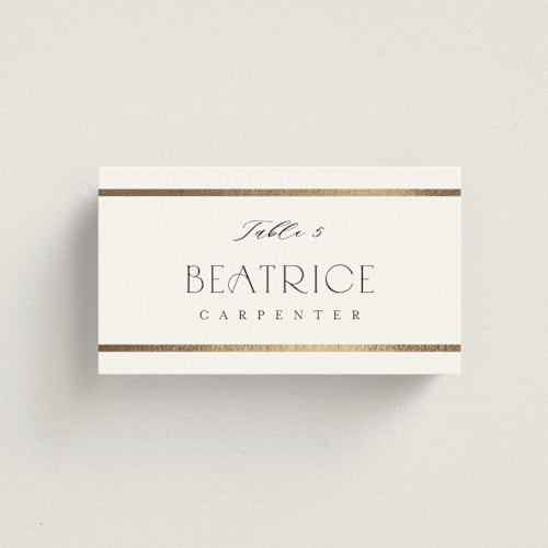 This is a cotton wedding place cards with foil pressed by Stacey Meacham called luster printing on signature in placecard