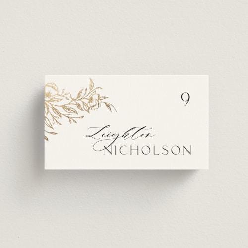 This is a pearl wedding place cards with foil pressed by Melanie Kosuge called keirah printing on signature in placecard