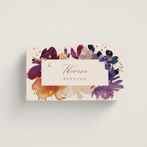 This is a cream wedding place cards with foil pressed by Lori Wemple called bouquet printing on signature in placecard