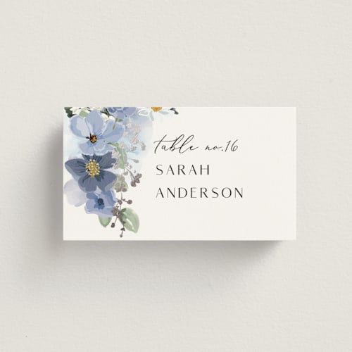 This is a serenity wedding place cards with foil pressed by Susan Moyal called layered florals printing on signature in placecard