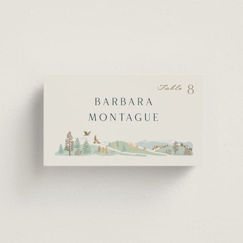 This is a evergreen wedding place cards with foil pressed by Paper Sun Studio called mountaintop printing on signature in placecard