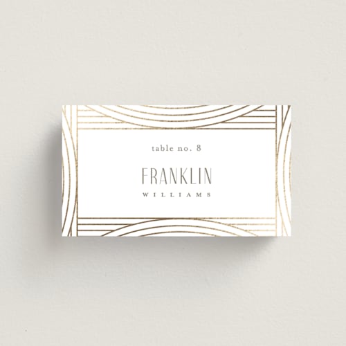 This is a alabaster wedding place cards with foil pressed by Pixel and Hank called moderne printing on signature in placecard