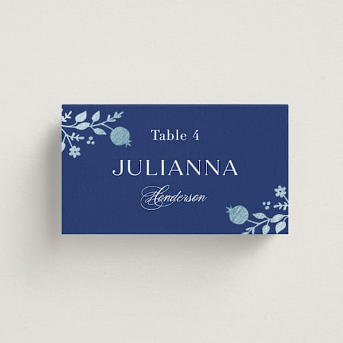 This is a royal wedding place cards with foil pressed by Nam Bourassa called pomegranate floral frame printing on signature in placecard