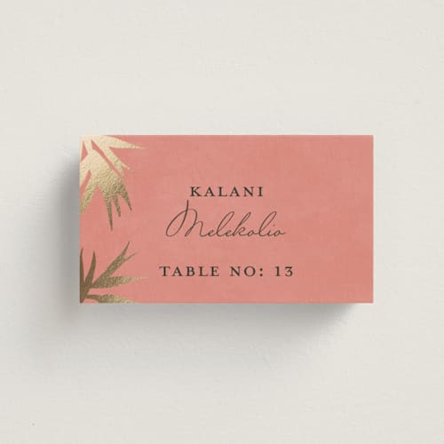This is a coral wedding place cards with foil pressed by Julie Hebert called birds of paradise printing on signature in placecard