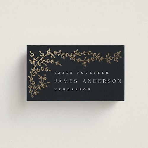 This is a midnight wedding place cards with foil pressed by Ana de Sousa called beautiful chuppah printing on signature in placecard