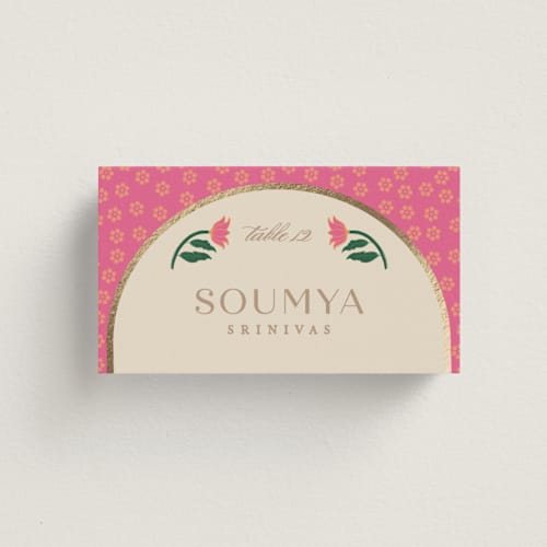 This is a pistachio wedding place cards with foil pressed by Creo Study called indian garden printing on signature in placecard