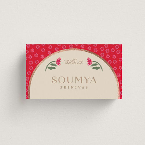 This is a narangi wedding place cards with foil pressed by Creo Study called indian garden printing on signature in placecard