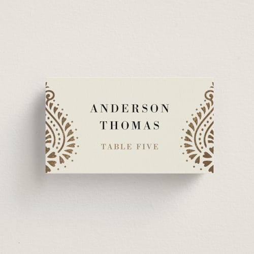 This is a champagne wedding place cards with foil pressed by Oma N. Ramkhelawan called henna stamp printing on signature in placecard