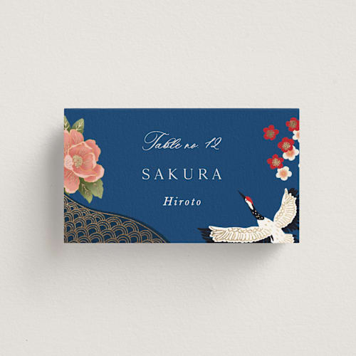 This is a ocean wedding place cards with foil pressed by Elly called kimono printing on signature in placecard