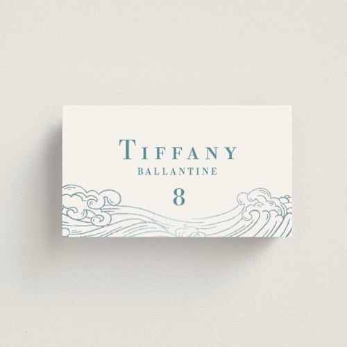 This is a aqua wedding place cards with foil pressed by Jessie Steury called waves printing on signature in placecard