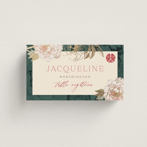 This is a evergreen wedding place cards with foil pressed by fatfatin called auspicious peonies printing on signature in placecard