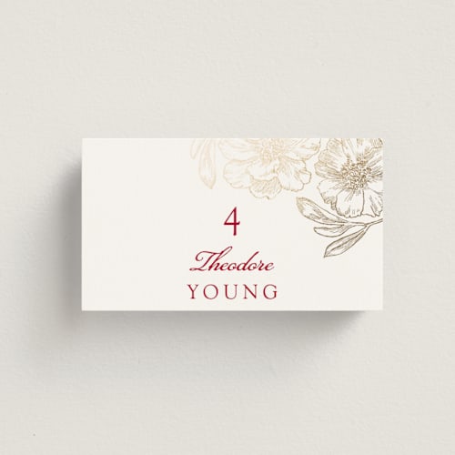 This is a ruby wedding place cards with foil pressed by Janean Hinger called double peony printing on signature in placecard