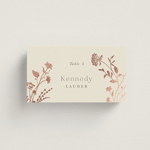This is a creme brulee wedding place cards with foil pressed by Jennifer Wick called queen anne's lace printing on signature in placecard
