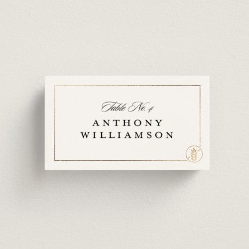 This is a vanilla wedding place cards with foil pressed by Stacy Maalouf called foil meal silhouettes printing on signature in placecard