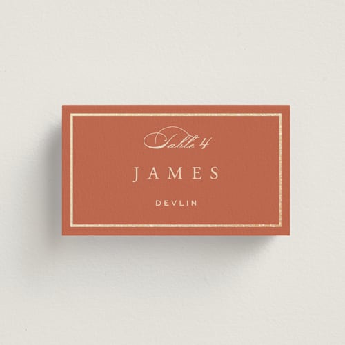 This is a sunset wedding place cards with foil pressed by Janean Hinger called intertwined printing on signature in placecard