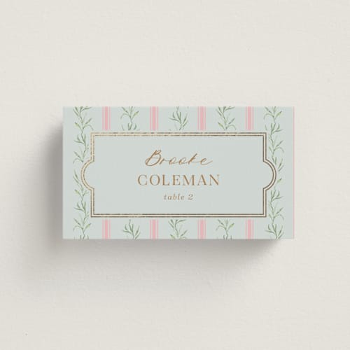This is a hummingbird wedding place cards with foil pressed by Claudia Orengo called castle printing on signature in placecard
