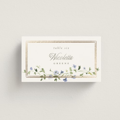 This is a bluebell wedding place cards with foil pressed by Everett Paper Goods called flowering vine printing on signature in placecard