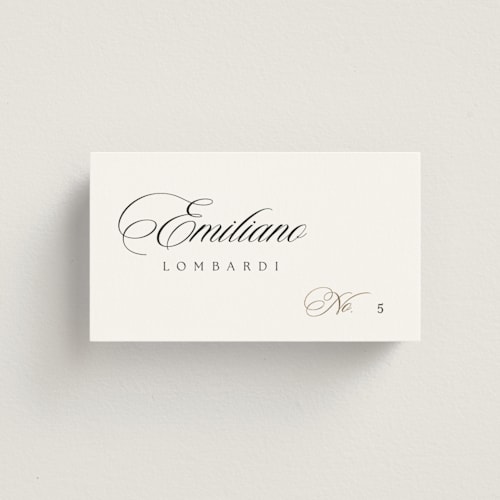 This is a silk wedding place cards with foil pressed by Kelly Schmidt called left align printing on signature in placecard
