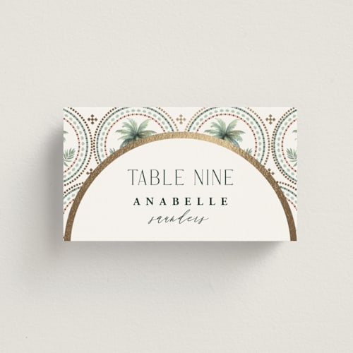 This is a sand wedding place cards with foil pressed by Maria Alou called vintage palms printing on signature in placecard