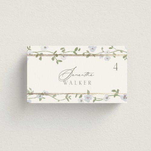 This is a blue bell wedding place cards with foil pressed by Everett Paper Goods called portico printing on signature in placecard
