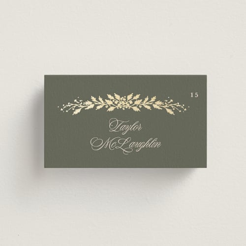 This is a sage wedding place cards with foil pressed by Kate Ahn called lake como printing on signature in placecard