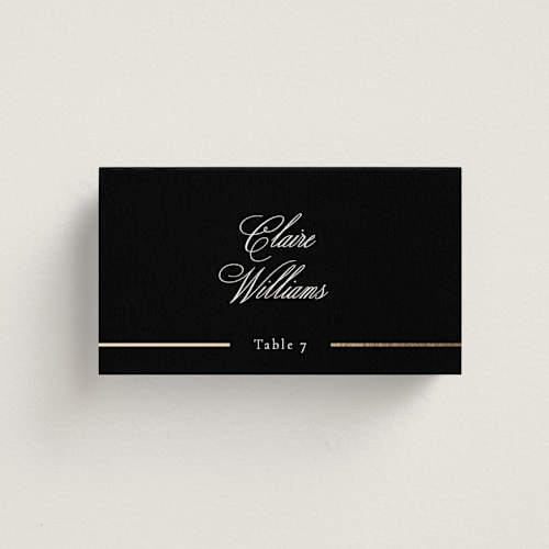 This is a black tie wedding place cards with foil pressed by Jessica Williams called aligned printing on signature in placecard