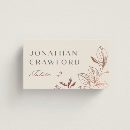 This is a creme wedding place cards with foil pressed by Stardust Design Studio called lovely printing on signature in placecard