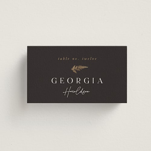 This is a mahogany wedding place cards with foil pressed by Leah Bisch called garden printing on signature in placecard