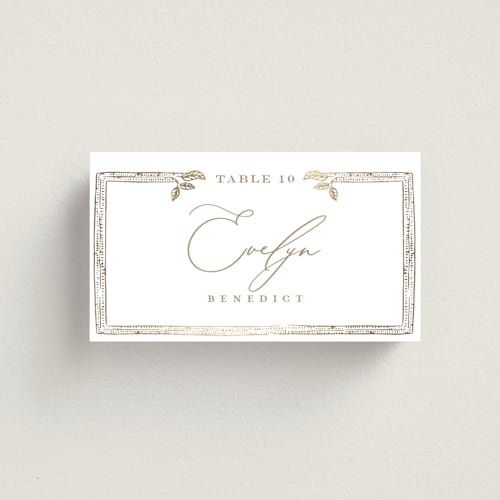 This is a porcelain wedding place cards with foil pressed by Leah Bisch called reflection printing on signature in placecard