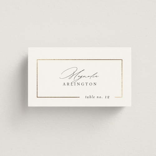 This is a silk wedding place cards with foil pressed by Kelly Schmidt called gilded border printing on signature in placecard