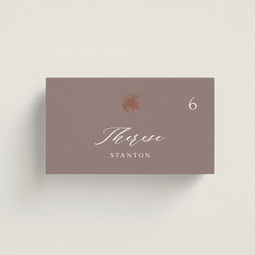 This is a maple wedding place cards with foil pressed by Lori Wemple called autumne printing on signature in placecard