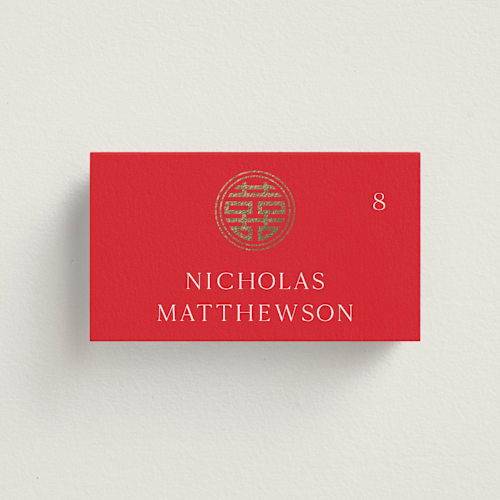 This is a ruby wedding place cards with foil pressed by Melanie Kosuge called happiness x 2 printing on signature in placecard