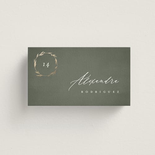 This is a moss wedding place cards with foil pressed by Kelly Schmidt called minimal circle printing on signature in placecard