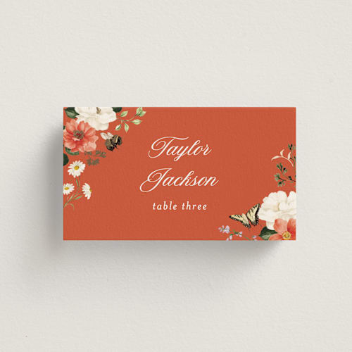 This is a verona sunset wedding place cards with foil pressed by Sarah Knight called fleur printing on signature in placecard