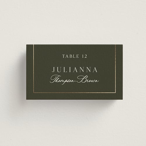 This is a deep olive wedding place cards with foil pressed by Nicole Walsh called refined printing on signature in placecard