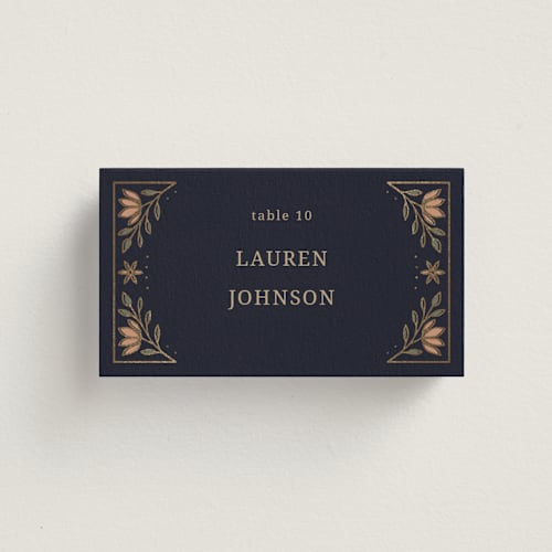 This is a navy wedding place cards with foil pressed by Jess Rosa Beck called botanical tapestry printing on signature in placecard