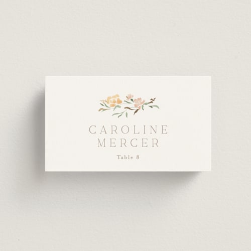 This is a golden summer wedding place cards with foil pressed by Erin L. Wilson called victorian trellis printing on signature in placecard