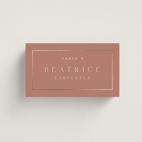 This is a dusty rose wedding place cards with foil pressed by Stacey Meacham called warm affection printing on signature in placecard