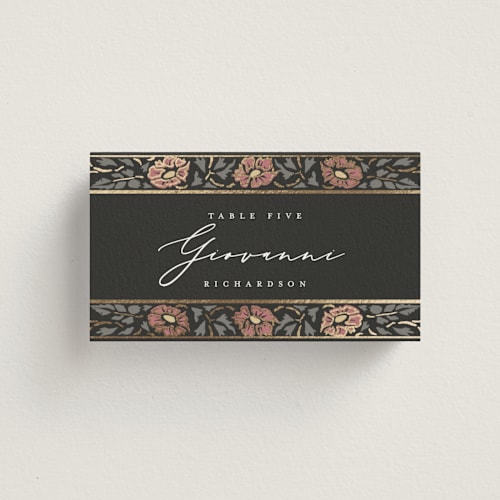 This is a ebony wedding place cards with foil pressed by Ana de Sousa called timeless nature printing on signature in placecard