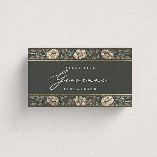 This is a emerald wedding place cards with foil pressed by Ana de Sousa called timeless nature printing on signature in placecard