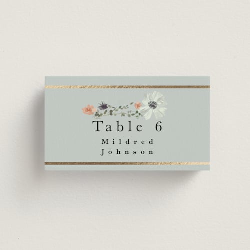 This is a mist wedding place cards with foil pressed by Hannah Williams called blue garden printing on signature in placecard