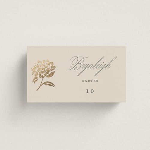 This is a tea time wedding place cards with foil pressed by Susan Zinader called shimmering hydrangeas printing on signature in placecard