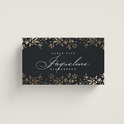 This is a onyx wedding place cards with foil pressed by Ana de Sousa called regency grace printing on signature in placecard