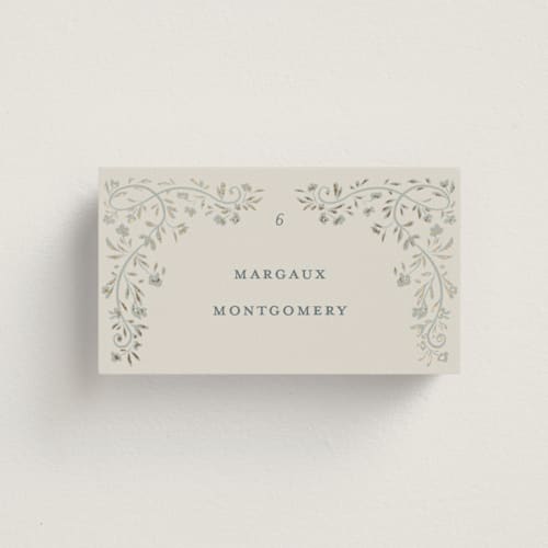 This is a something blue wedding place cards with foil pressed by Gwen Bedat called floral romance printing on signature in placecard