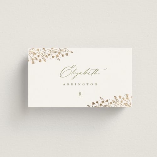 This is a leaf wedding place cards with foil pressed by Kristie Kern called villa printing on signature in placecard