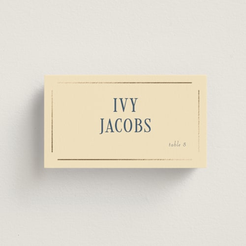 This is a navy wedding place cards with foil pressed by Baumbirdy called woven printing on signature in placecard