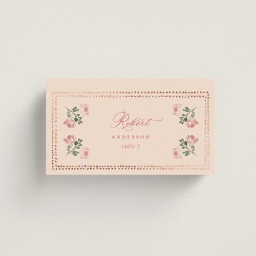 This is a morganite wedding place cards with foil pressed by Claudia Orengo called tuileries printing on signature in placecard